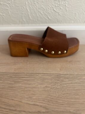 Brown Suede Platform Clog Slide with Stud Details